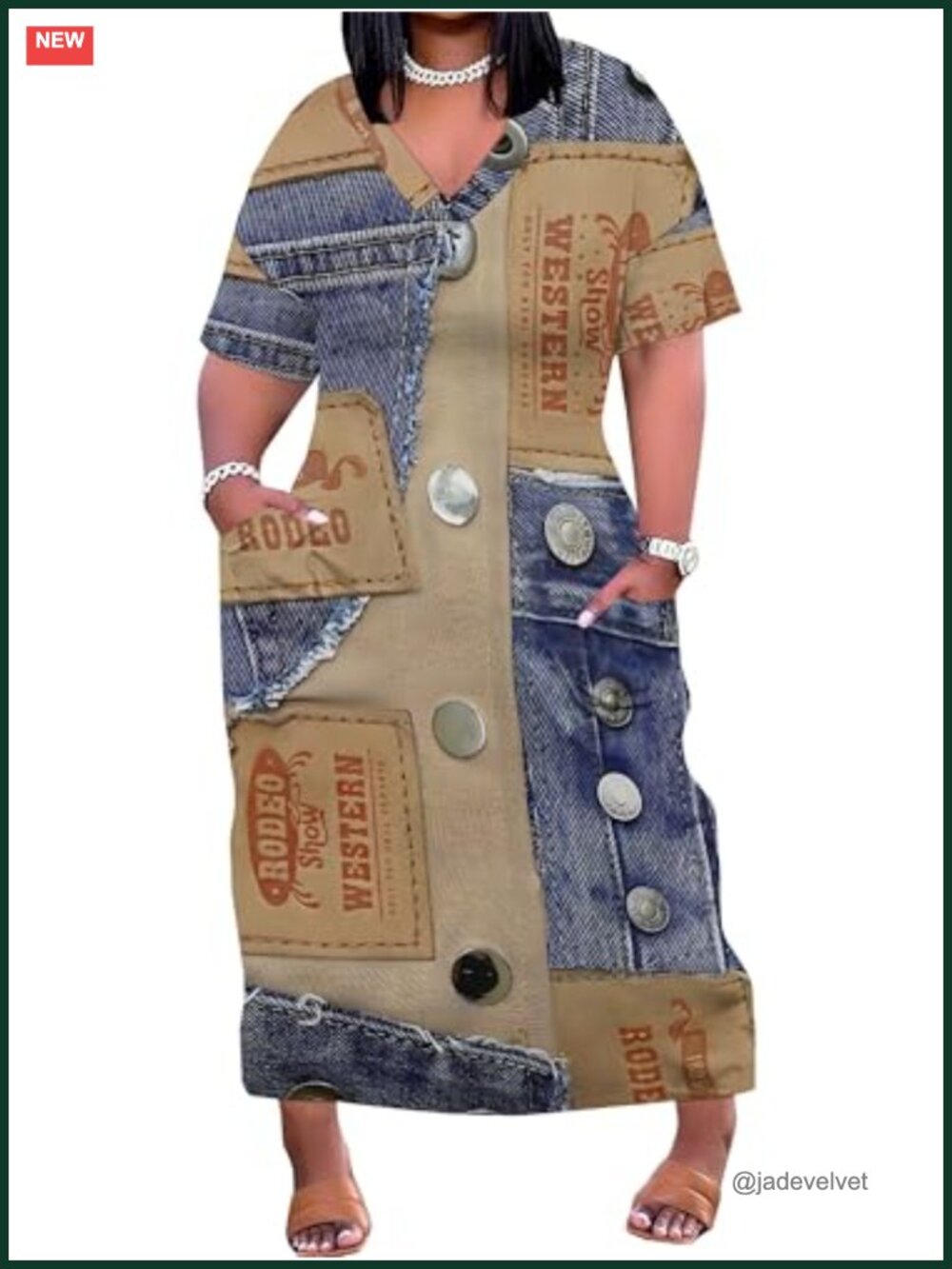 Plus Size Denim Print Maxi Dress Casual Jean Look Short Sleeve V Neck
